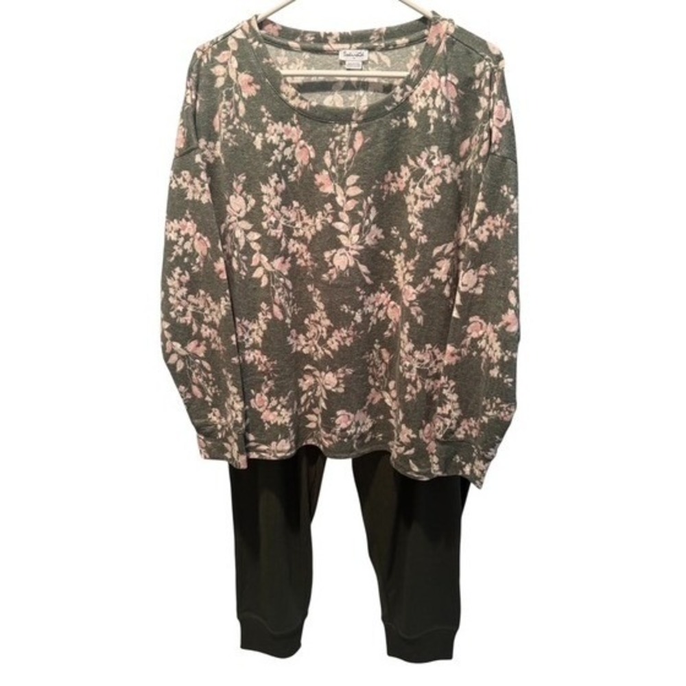 Splendid Womens Green Floral Pajama Set Lounge Top & Joggers 1X NEW Comfy